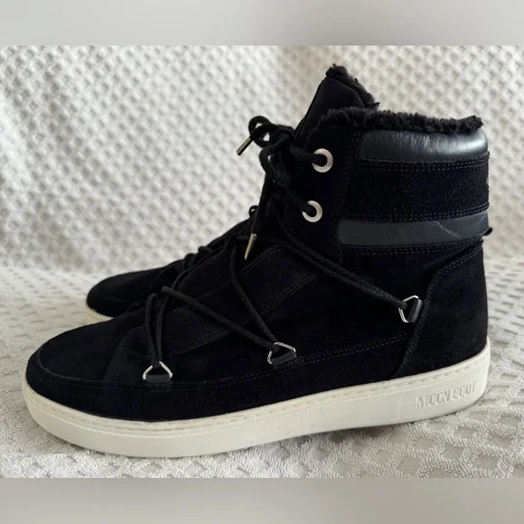 Tecnica Moon Boots Mercury High Paris Boot Black Suede Leather Faux Fur Size 10 - Picture 3 of 15